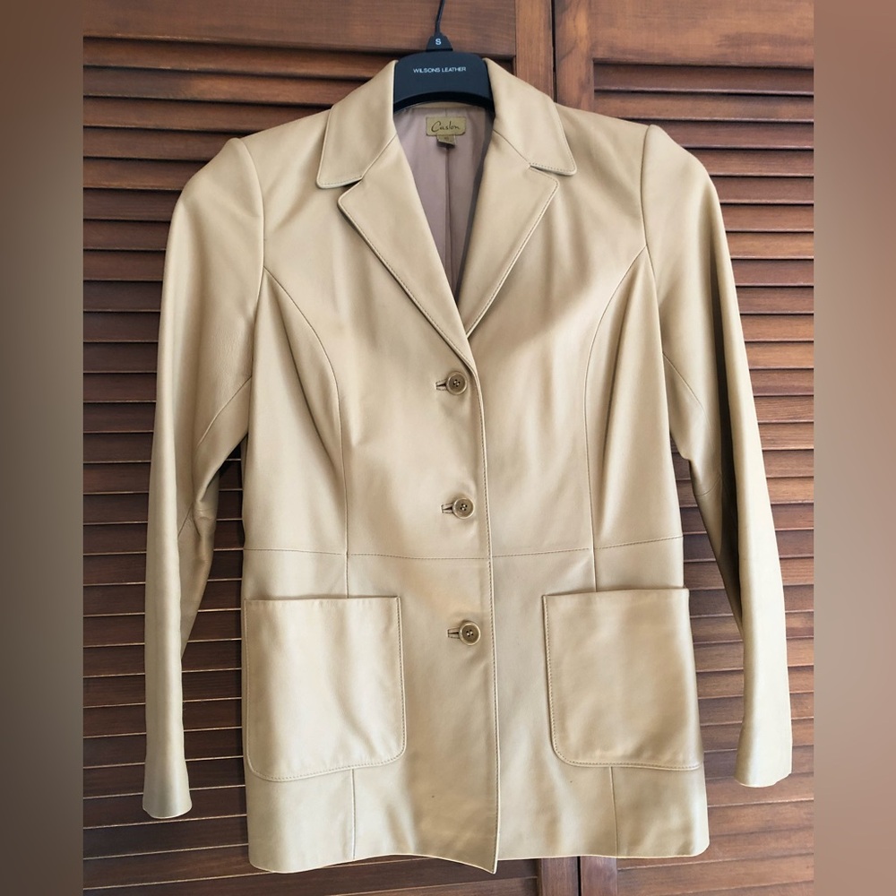 Leather blazer, tan. XS fits like a 4-6. Bought from Nordstrom’s.